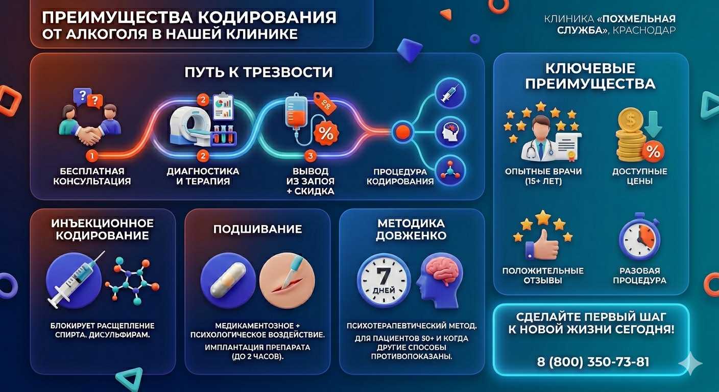 Инфографика о методах кодирования от алкоголя в Полтаве: инъекции, подшивание, метод Довженко. Преимущества клиники и этапы лечения.